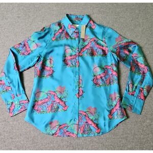 NWT J Crew Collection Silk Shirt In Ultramarine Blue Lobster Print Top Size 8